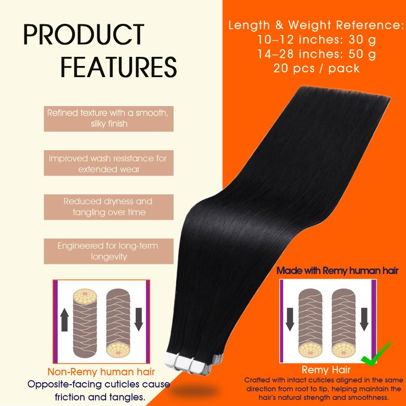 Full Shine Black Tape in Hair Extensions Human Hair Remy Seamless Human Hair Tape Extensions 26Inch Double Sided Tape ins Human Hair Extensions for Women Straight Black Hair Extension 50G 20Pcs - Image 2