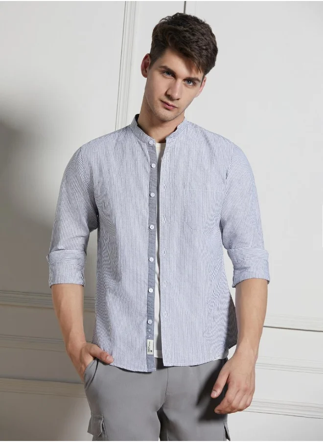 دينيس لينغو Regular Fit Striped Pattern Grey Full Sleeve Shirt for Men with Mandarin Collar and Regular Weave- 100% Cotton