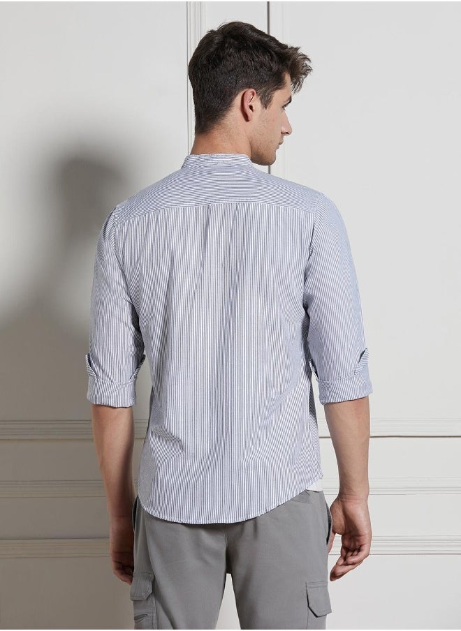 Dennis Lingo Regular Fit Striped Pattern Grey Full Sleeve Shirt for Men with Mandarin Collar and Regular Weave- 100% Cotton  - Image 2