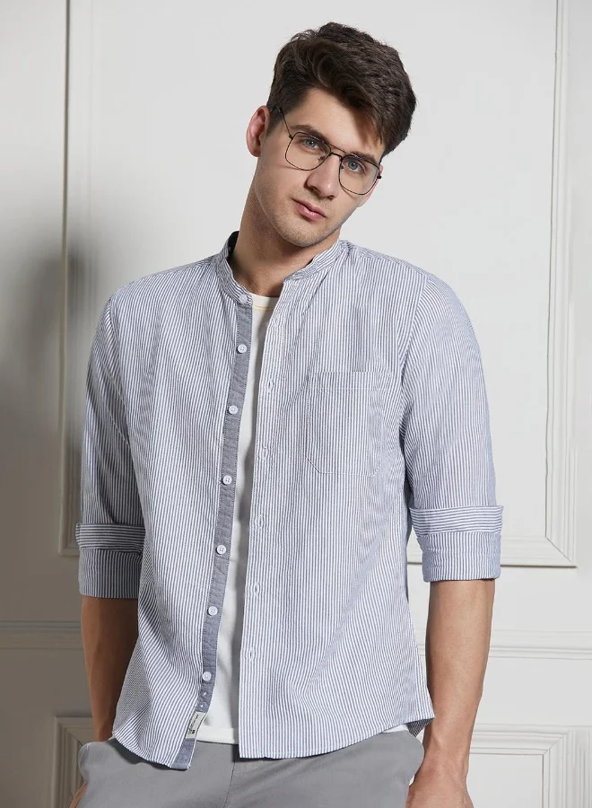 Dennis Lingo Regular Fit Striped Pattern Grey Full Sleeve Shirt for Men with Mandarin Collar and Regular Weave- 100% Cotton