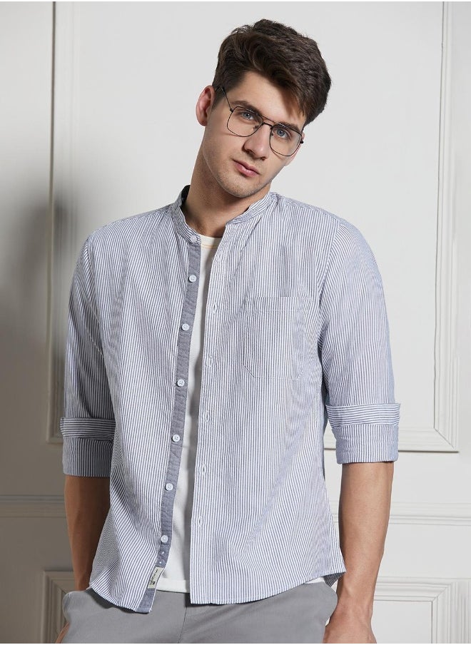 Dennis Lingo - Regular Fit Striped Pattern Grey Full Sleeve Shirt for Men with Mandarin Collar and Regular Weave- 100% Cotton - Image 1