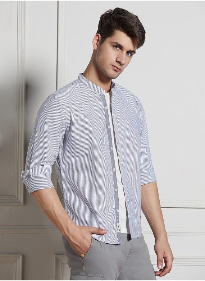 Dennis Lingo - Regular Fit Striped Pattern Grey Full Sleeve Shirt for Men with Mandarin Collar and Regular Weave- 100% Cotton - Image 1