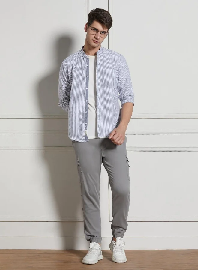 Dennis Lingo Regular Fit Striped Pattern Grey Full Sleeve Shirt for Men with Mandarin Collar and Regular Weave- 100% Cotton