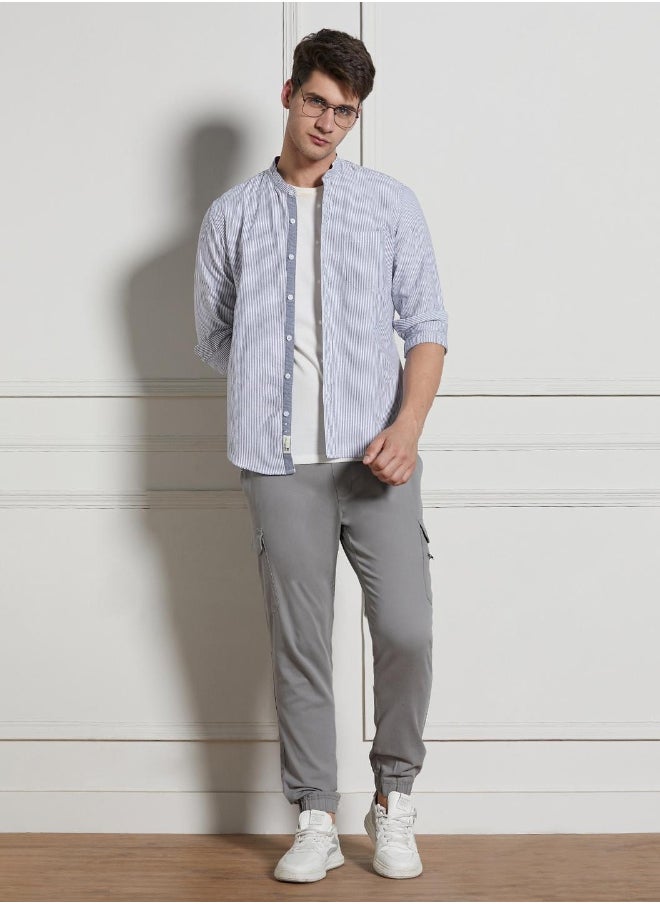 Dennis Lingo Regular Fit Striped Pattern Grey Full Sleeve Shirt for Men with Mandarin Collar and Regular Weave- 100% Cotton  - Image 5