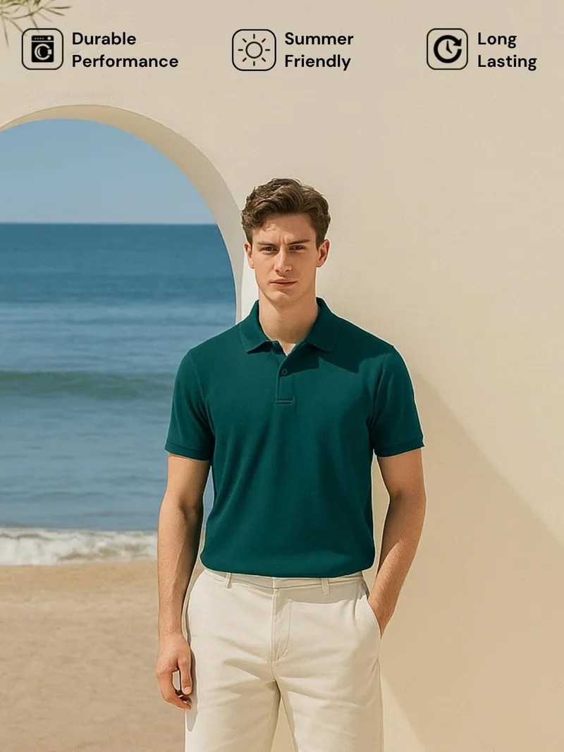 نوبيرو Men's Green Cotton Regular Fit Polo Shirt