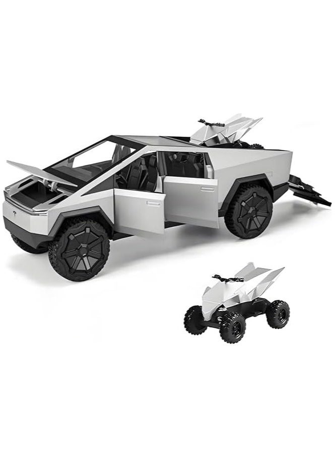 Taizz Ventures 1:24 Cybertruck Diecast Metal Toy Truck, Dark Gray Model Car with Light/Sound, Pull-Back Function, Openable Doors & Tailgate, Includes ATV, Gift for Cybertruck Enthusiasts & Collectors - Silver  - Image 2