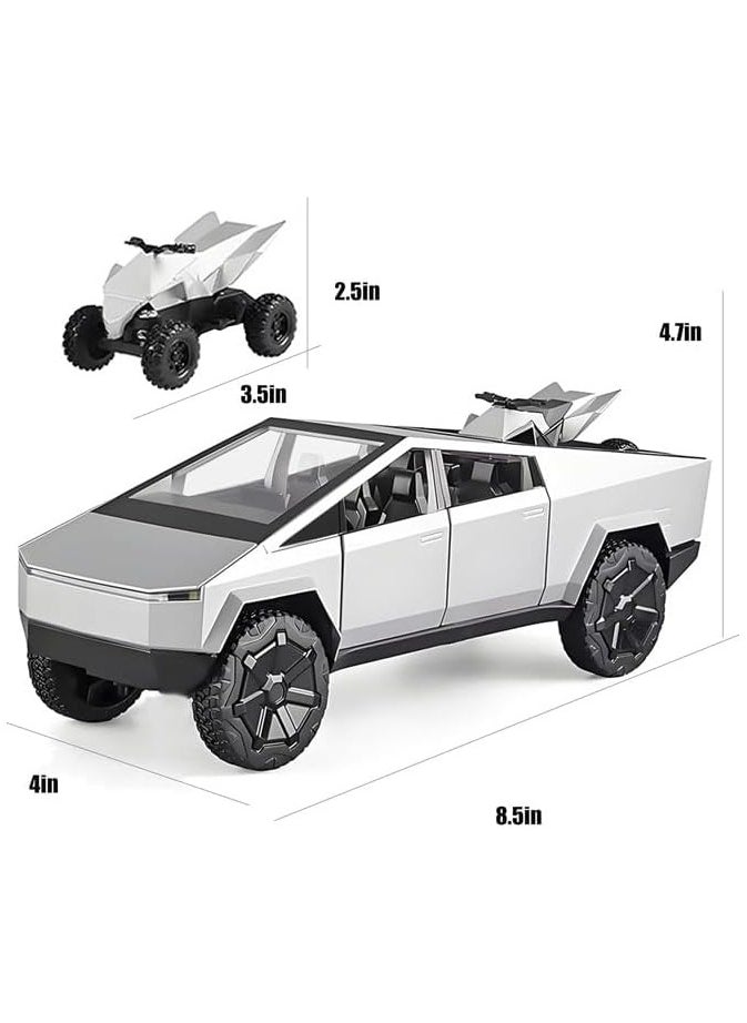 Taizz Ventures 1:24 Cybertruck Diecast Metal Toy Truck, Dark Gray Model Car with Light/Sound, Pull-Back Function, Openable Doors & Tailgate, Includes ATV, Gift for Cybertruck Enthusiasts & Collectors - Silver  - Image 3