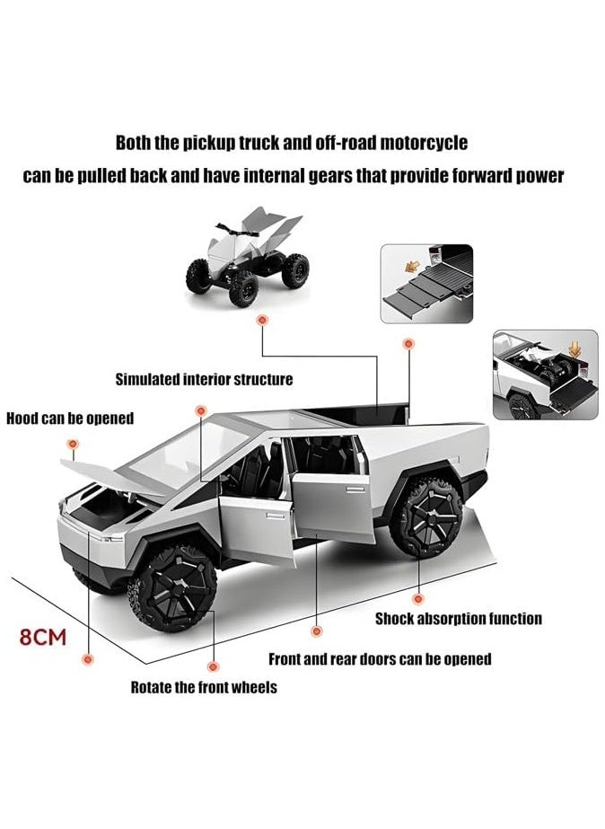 Taizz Ventures 1:24 Cybertruck Diecast Metal Toy Truck, Dark Gray Model Car with Light/Sound, Pull-Back Function, Openable Doors & Tailgate, Includes ATV, Gift for Cybertruck Enthusiasts & Collectors - Silver  - Image 4