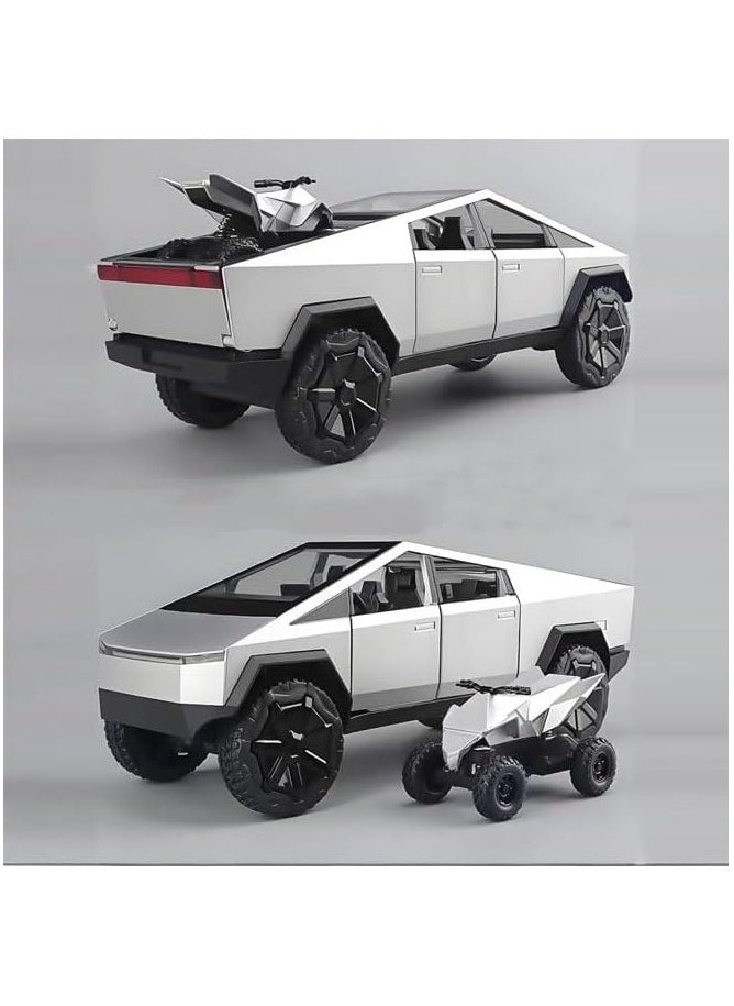 Taizz Ventures 1:24 Cybertruck Diecast Metal Toy Truck, Dark Gray Model Car with Light/Sound, Pull-Back Function, Openable Doors & Tailgate, Includes ATV, Gift for Cybertruck Enthusiasts & Collectors - Silver  - Image 5