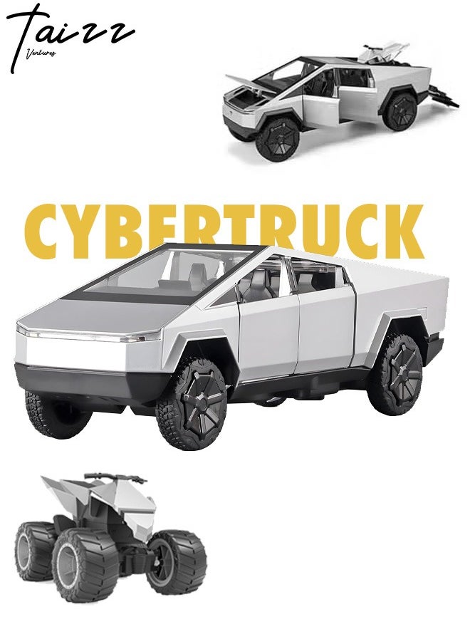 Taizz Ventures 1:24 Cybertruck Diecast Metal Toy Truck, Dark Gray Model Car with Light/Sound, Pull-Back Function, Openable Doors & Tailgate, Includes ATV, Gift for Cybertruck Enthusiasts & Collectors - Silver  - Image 1