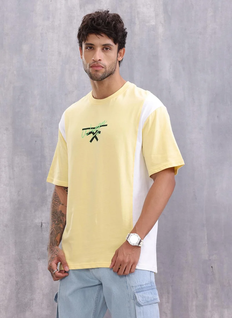 روجن Retro Colourblock Oversized Fit T-shirt With Print | Yellow