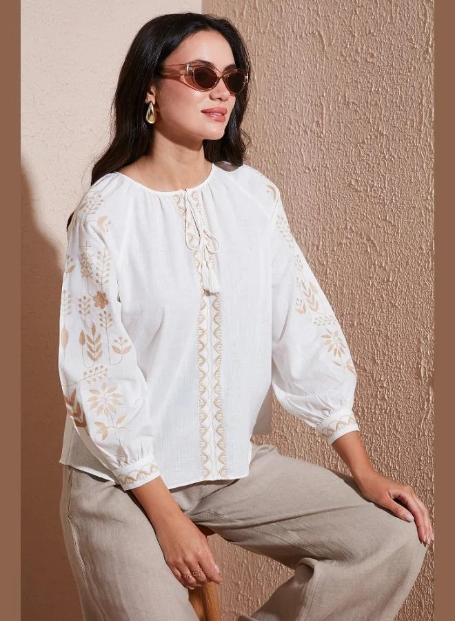 Lela Lela Cotton Regular Fit Balloon Sleeve Embroidered Blouse Women's BLOUSE 6110936