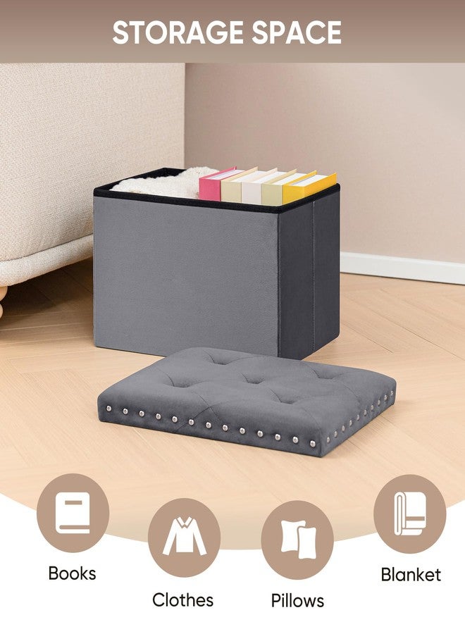 B FSOBEIIALEO Storage Ottoman Cube Folding Tufted Ottomans, Storage Boxes Footrest for Bedroom, Luxury Velvet Fabric 16.5 * 12.6 * 12.6 Inches Grey - Image 2