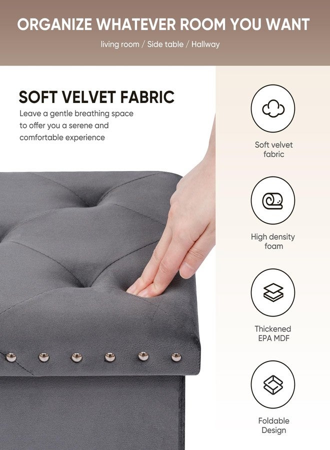 B FSOBEIIALEO Storage Ottoman Cube Folding Tufted Ottomans, Storage Boxes Footrest for Bedroom, Luxury Velvet Fabric 16.5 * 12.6 * 12.6 Inches Grey - Image 4