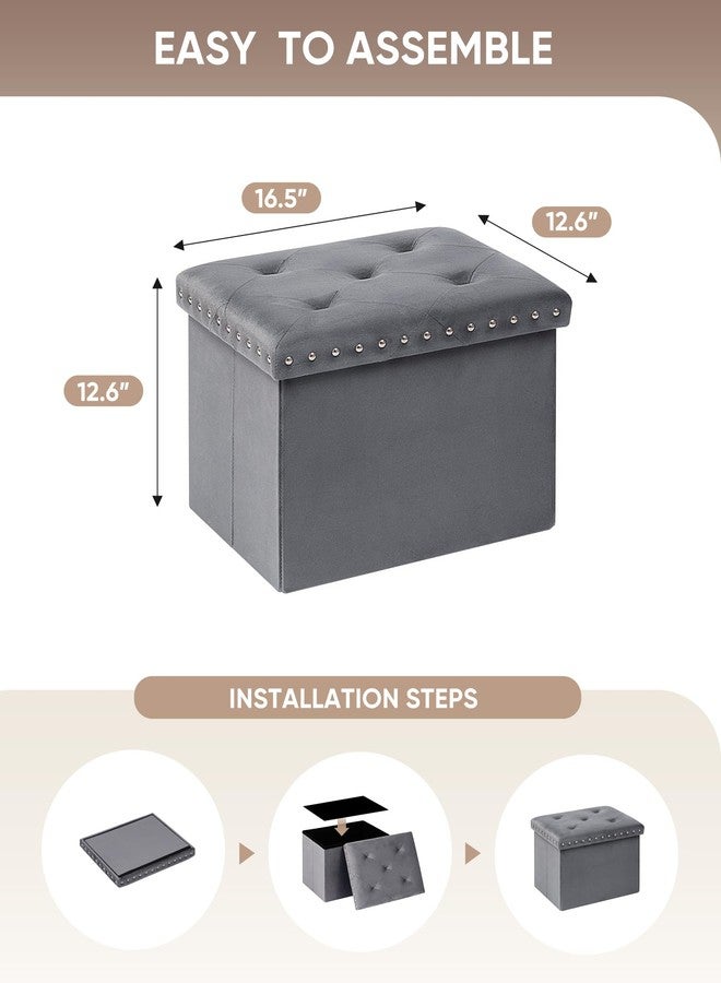 B FSOBEIIALEO Storage Ottoman Cube Folding Tufted Ottomans, Storage Boxes Footrest for Bedroom, Luxury Velvet Fabric 16.5 * 12.6 * 12.6 Inches Grey - Image 5