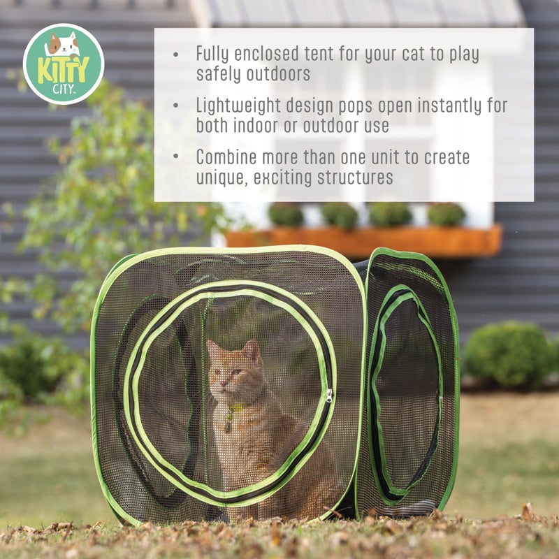 Kitty City Large Outdoor Cat Play Cube, Mesh Pop-Up Cat Enclosure for Indoor & Outdoor Use, Expandable Modular Cat Playpen with Zippered Access - Green - Image 3