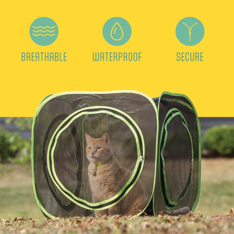 Kitty City Large Outdoor Cat Play Cube, Mesh Pop-Up Cat Enclosure for Indoor & Outdoor Use, Expandable Modular Cat Playpen with Zippered Access - Green - Image 2