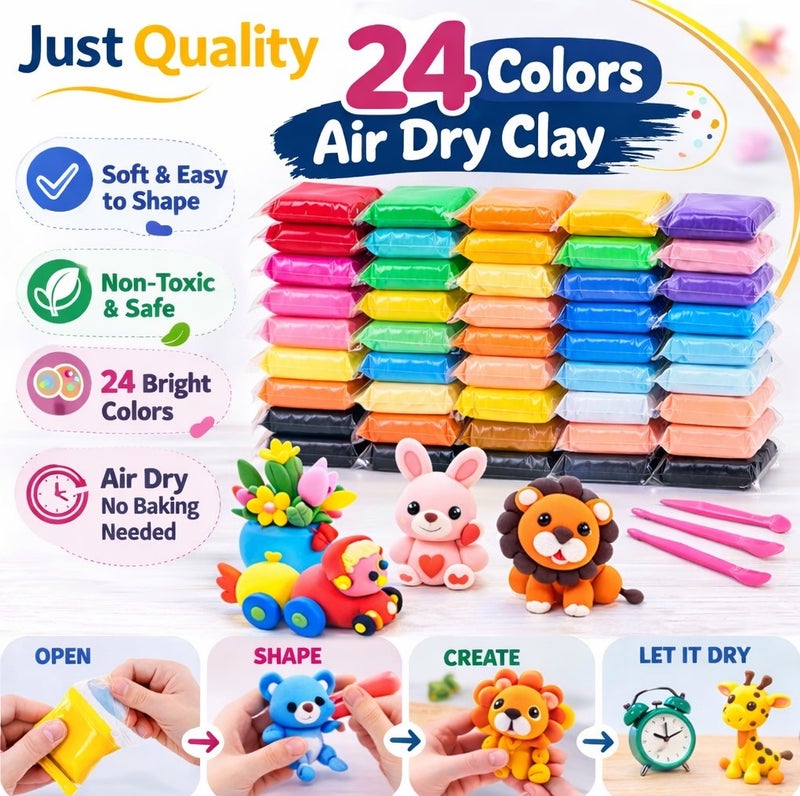 Just Quality 24 Colors Modeling Clay Set with 3 Tools – Non-Toxic, Soft & Easy to Clean Clay Dough – Creative Educational Art & Craft Toy for Kids 3+ Years - Image 1