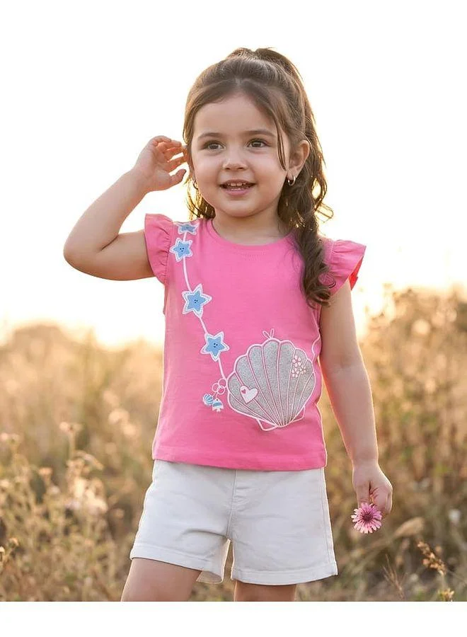 Babyhug Babyhug Single Jersey Knit Frill Sleeves Top & Denim Shorts Set with Star Print - Pink & White