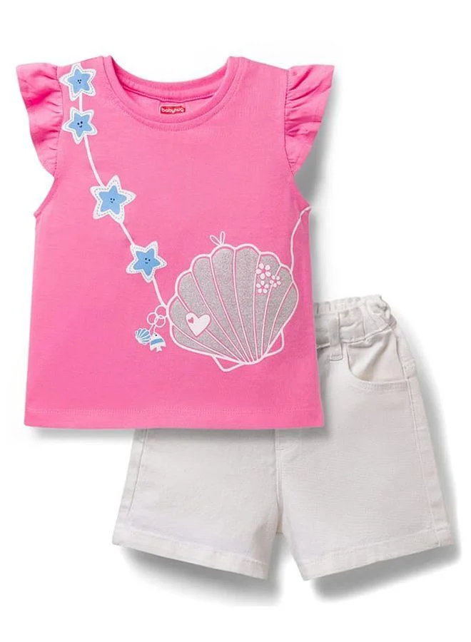 Babyhug Babyhug Single Jersey Knit Frill Sleeves Top & Denim Shorts Set with Star Print - Pink & White