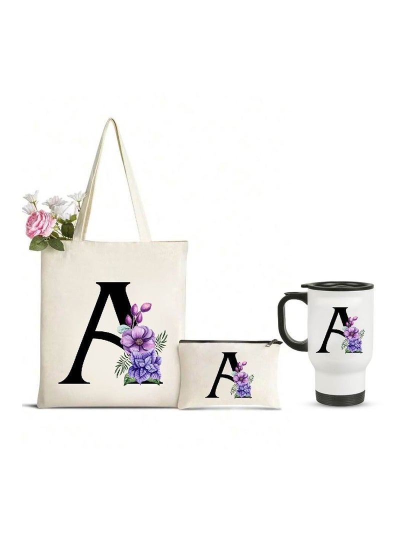 PRINTSHOP4ME Initial Letters Canvas Cotton Tote Bag, Cosmetic Pouch, and Stainless Steel Travel Mug - A Stylish Pack of 3 Combo Set for Girls - Gift for wedding - Gifts for girls - Gift for friends  - Image 1