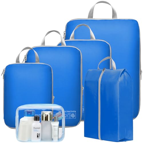 Cambond Compression Packing Cubes for Suitcases - 6 Set Packing Cubes for Travel Expandable Luggage Travel Packing Organizers Compression Cubes with Shoe Bag Makeup Bag, Blue - Image 1