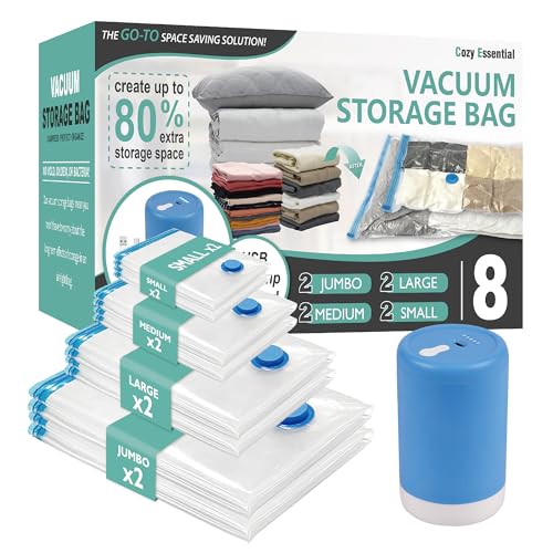 Cozy Essential Travel Vacuum Clothes Bags with Rechargeable Electric Pump for Luggage, Suitcase, Vacuum Seal Compression Space Saver Bags for Clothing, 8 Pack - Image 1