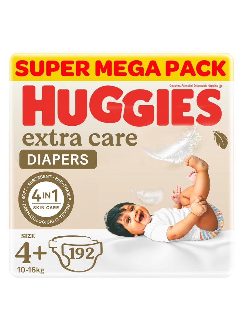 HUGGIES هجيز إكسترا كير، الحجم 4+، 10 - 16 كجم، حزمة سوبر ميغا، 192 حفاضة