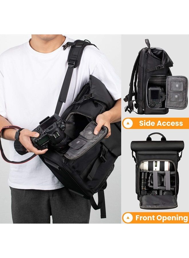TARION Camera Backpack with Removable 16" Laptop Sleeve Canvas Camera Bag Photography Backpack for DSLR SLR Mirrorless Cameras Video Camcorder Includes Waterproof Raincover Black Rolltop DSLR Backpack  - Image 4