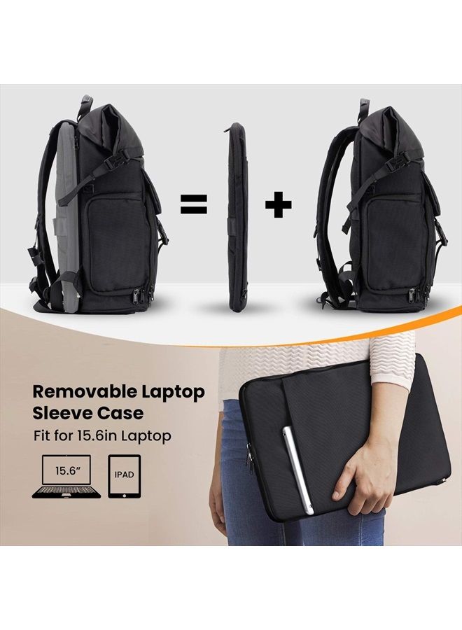 TARION Camera Backpack with Removable 16" Laptop Sleeve Canvas Camera Bag Photography Backpack for DSLR SLR Mirrorless Cameras Video Camcorder Includes Waterproof Raincover Black Rolltop DSLR Backpack  - Image 2