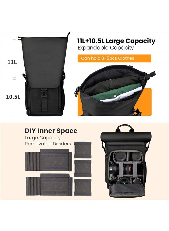 TARION Camera Backpack with Removable 16" Laptop Sleeve Canvas Camera Bag Photography Backpack for DSLR SLR Mirrorless Cameras Video Camcorder Includes Waterproof Raincover Black Rolltop DSLR Backpack  - Image 3