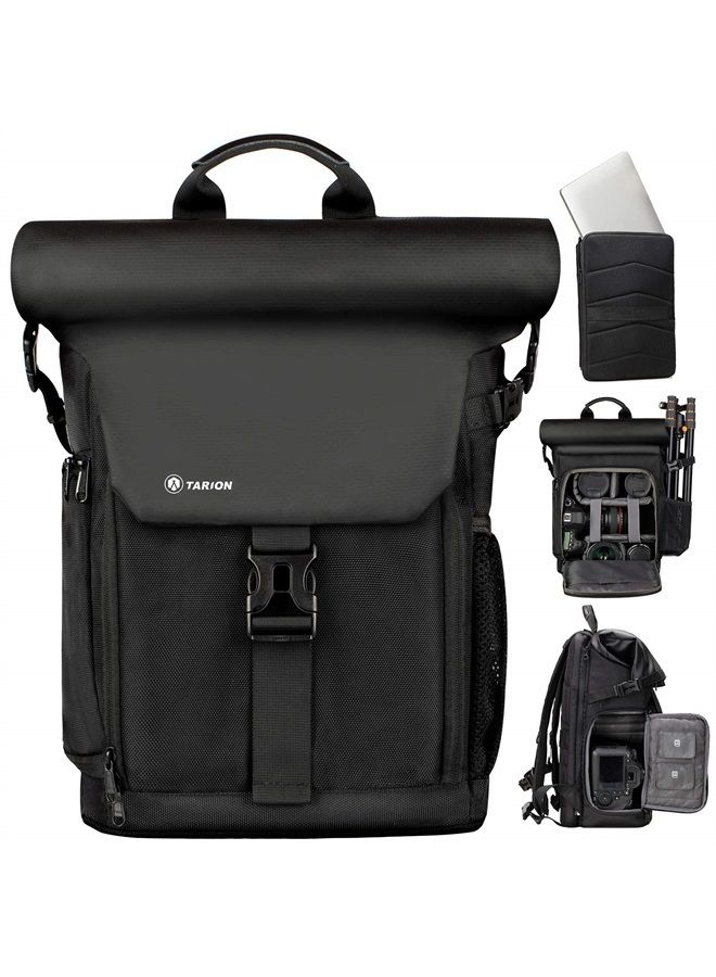 TARION Camera Backpack with Removable 16" Laptop Sleeve Canvas Camera Bag Photography Backpack for DSLR SLR Mirrorless Cameras Video Camcorder Includes Waterproof Raincover Black Rolltop DSLR Backpack  - Image 1