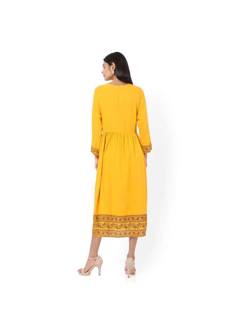 HANA & SARA - SHORT YELLOW COLOUR HIGH QUALITY FLORAL PRINTED WITH FRONT BUTTONED STYLED ARABIC KAFTAN JALABIYA DRESS - Image 1