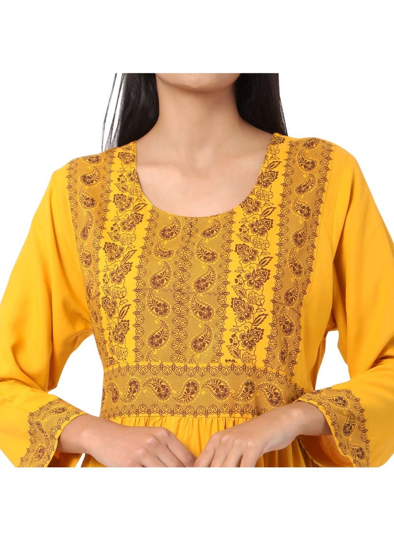 HANA & SARA - SHORT YELLOW COLOUR HIGH QUALITY FLORAL PRINTED WITH FRONT BUTTONED STYLED ARABIC KAFTAN JALABIYA DRESS - Image 1