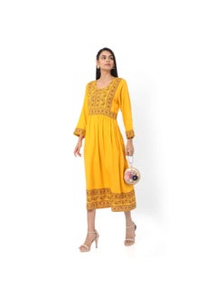 SHORT YELLOW COLOUR HIGH QUALITY FLORAL PRINTED WITH FRONT BUTTONED STYLED ARABIC KAFTAN JALABIYA DRESS
