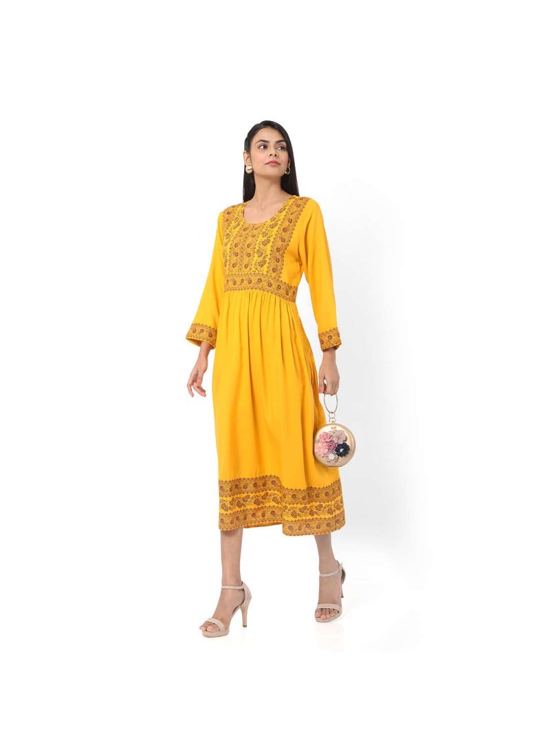 HANA & SARA - SHORT YELLOW COLOUR HIGH QUALITY FLORAL PRINTED WITH FRONT BUTTONED STYLED ARABIC KAFTAN JALABIYA DRESS - Image 1