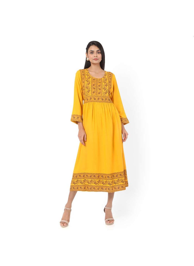 HANA & SARA - SHORT YELLOW COLOUR HIGH QUALITY FLORAL PRINTED WITH FRONT BUTTONED STYLED ARABIC KAFTAN JALABIYA DRESS - Image 1