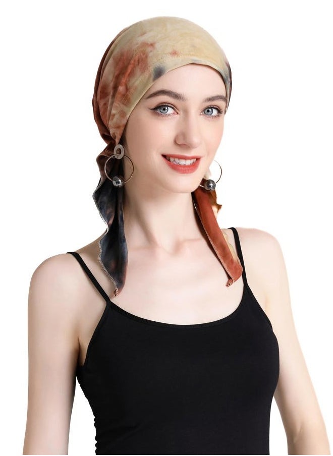ZLYC Chemo Headwear Pre Tied Head Scarf Headwraps Lightweight Turban Beanie Cap for Women (Tie Dyed Khaki)  - Image 3