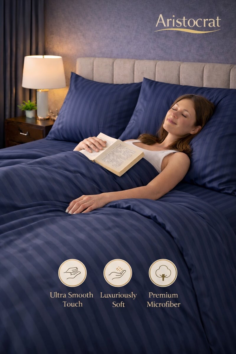 Aristocrat 6-Piece Stripe Microfiber Duvet Cover Set | Single | Includes 1 Duvet Cover (160x220cm), 1 Deep Pocket Fitted Sheet (120x200+30cm) & 4 Pillowcases (53x75+15cm) | Ultra Soft, Breathable & Wrinkle Resistant-royal blue - Image 4