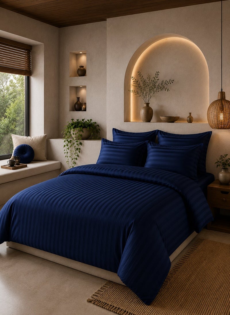 Aristocrat 6-Piece Stripe Microfiber Duvet Cover Set | Single | Includes 1 Duvet Cover (160x220cm), 1 Deep Pocket Fitted Sheet (120x200+30cm) & 4 Pillowcases (53x75+15cm) | Ultra Soft, Breathable & Wrinkle Resistant-royal blue - Image 1