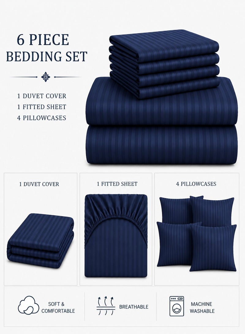 Aristocrat 6-Piece Stripe Microfiber Duvet Cover Set | Single | Includes 1 Duvet Cover (160x220cm), 1 Deep Pocket Fitted Sheet (120x200+30cm) & 4 Pillowcases (53x75+15cm) | Ultra Soft, Breathable & Wrinkle Resistant-royal blue - Image 2