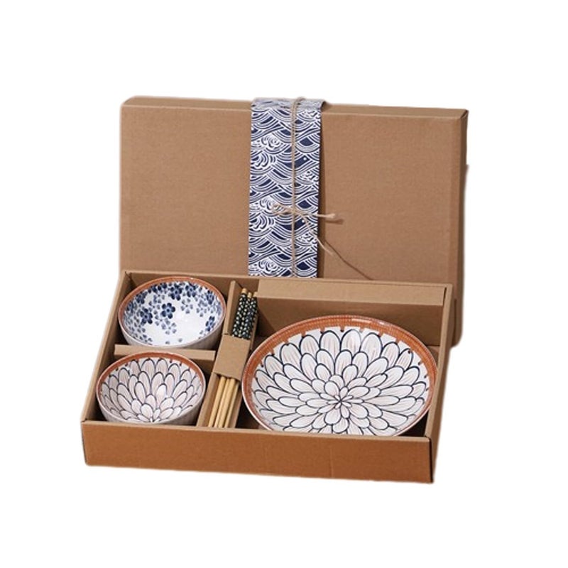 Vortipu Ceramic Bowls Gift Set Japanese Style Ramen Bowls Deep Plates for Dinner Rice Soup Dessert Salad Includes 2 Bowls 1 Dish 2 Chopsticks in a Beautiful Gift Box - Image 1