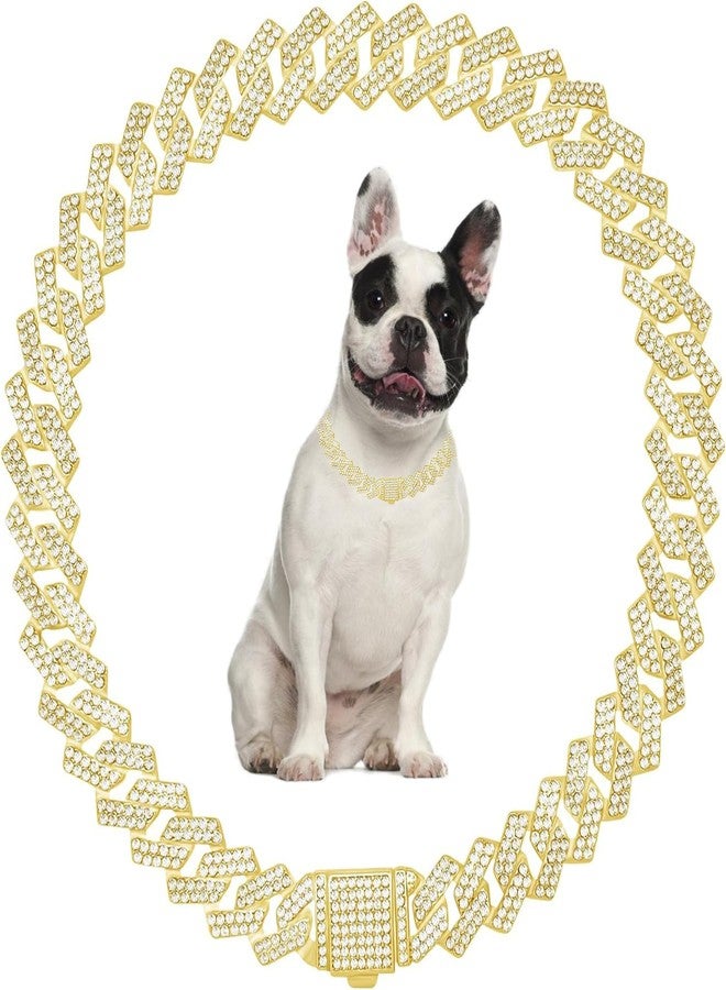 TELEYI Gold Dog Diamond Chain,Bling Dog Chain Collars Sparkly Cuban Link Dog Collar Rhinestone Cat Chain Glitter Girls Female Kitten Puppy Necklace for Small Medium Large Pet,16 Inch - Image 1