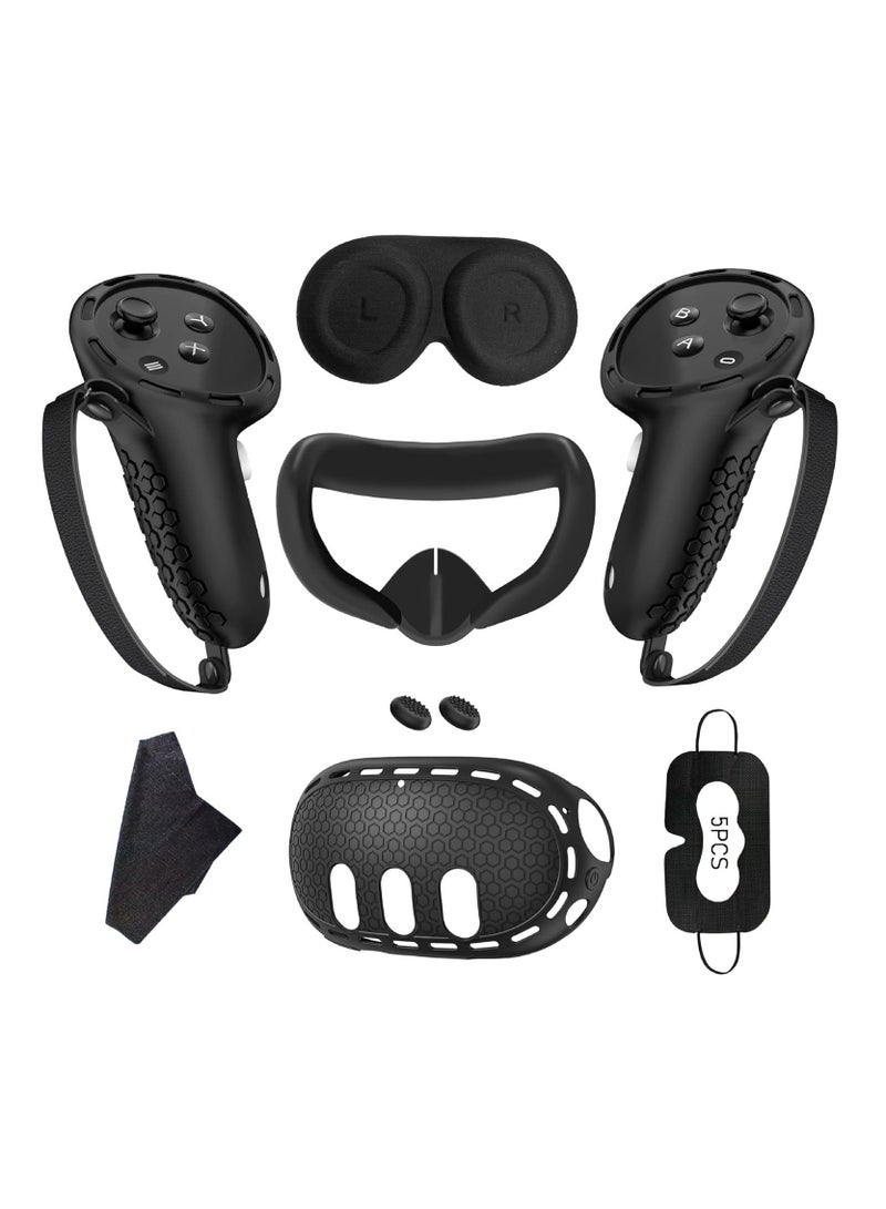 غطاء واقي لملحقات Oculus/Meta Quest 3، غلاف سيليكون لوحدة التحكم، واقي جلد ناعم مع غطاء للوجه وغطاء للعدسة (أسود) - Image 1