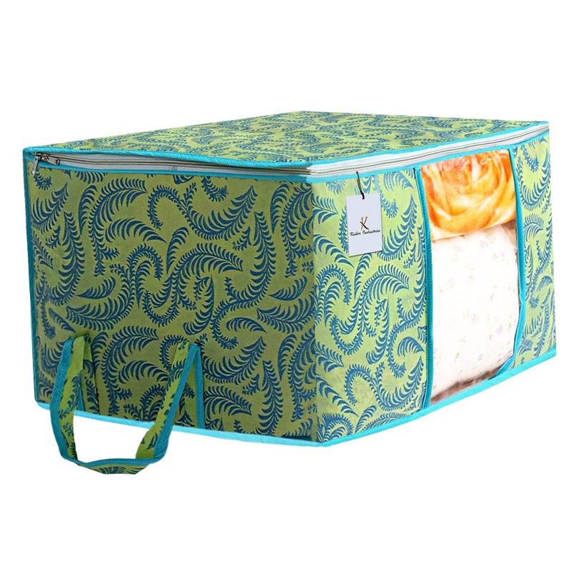 Kuber Industries Metallic Printed Non Woven Underbed Rectangular Storage Bag Organiser Blanket Cover with Transparent Window Green Extra Large Standard 3 Piece - Image 2