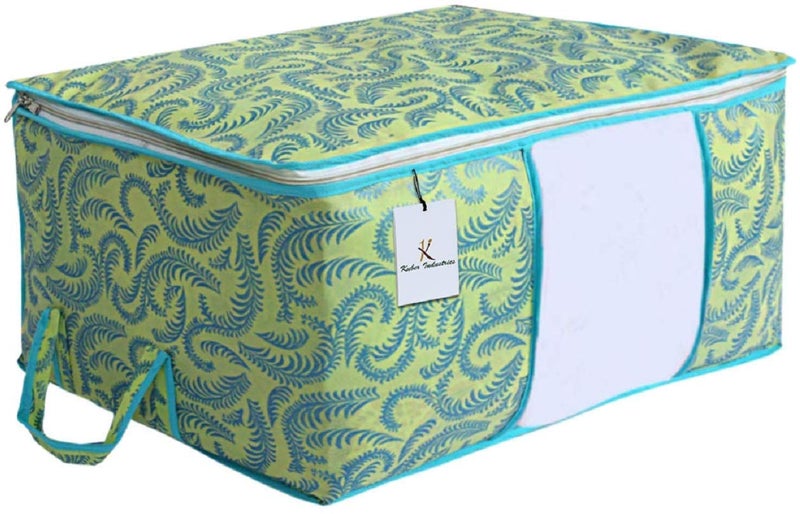 Kuber Industries Metallic Printed Non Woven Underbed Rectangular Storage Bag Organiser Blanket Cover with Transparent Window Green Extra Large Standard 3 Piece - Image 3