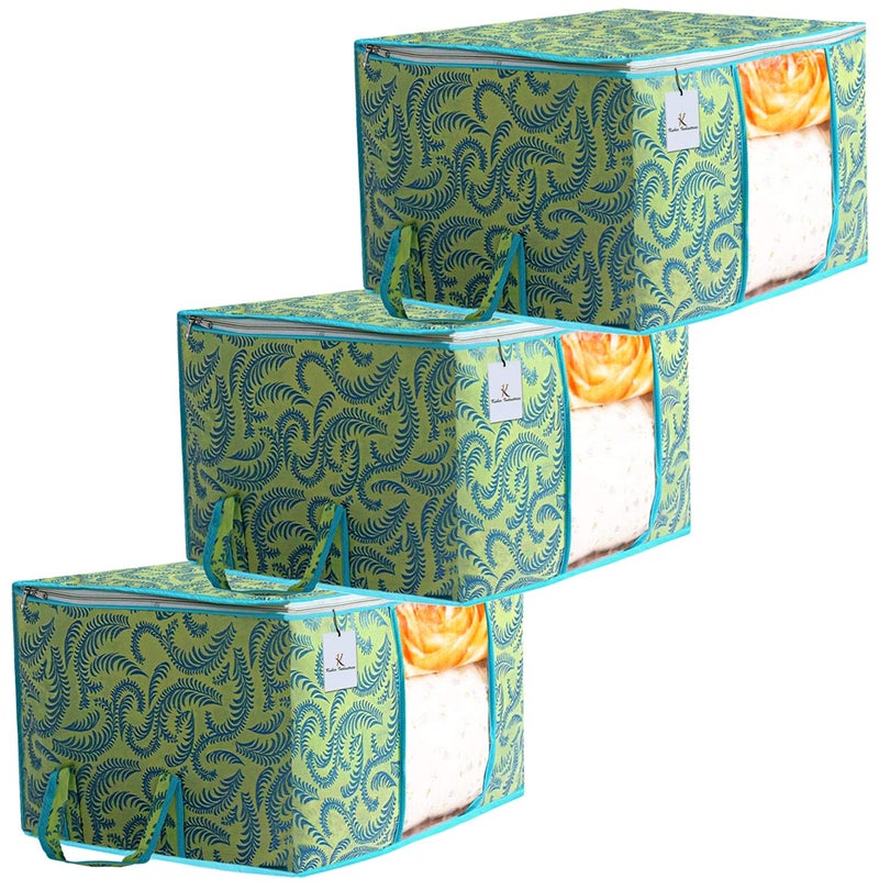 Kuber Industries Metallic Printed Non Woven Underbed Rectangular Storage Bag Organiser Blanket Cover with Transparent Window Green Extra Large Standard 3 Piece - Image 1