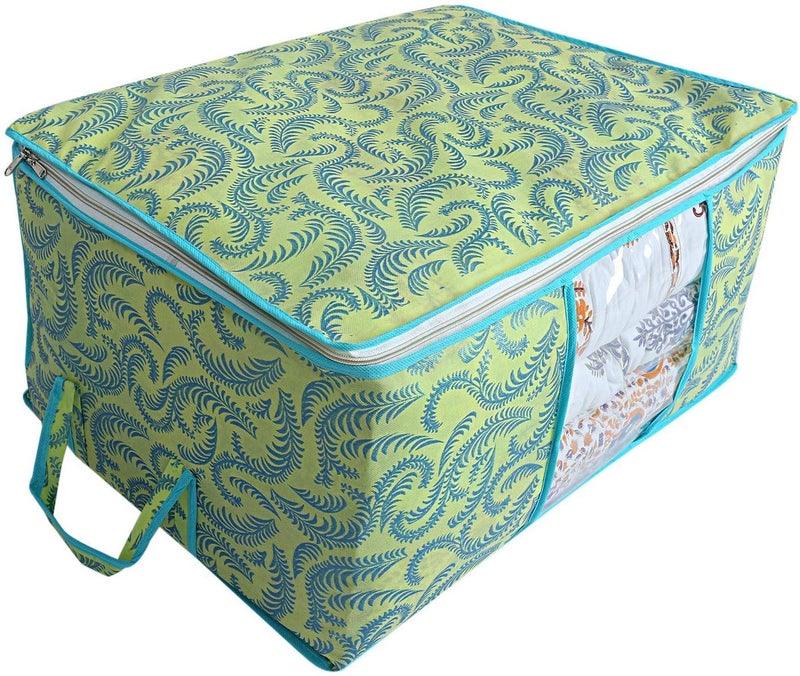 Kuber Industries Metallic Printed Non Woven Underbed Rectangular Storage Bag Organiser Blanket Cover with Transparent Window Green Extra Large Standard 3 Piece - Image 4