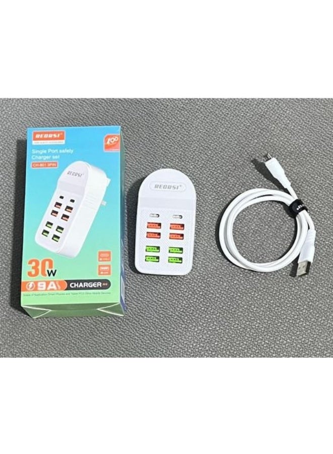 ريكرسي شاحن 10 في 1 مع كابل الشحن - (8 منافذ USB و2 منفذ Type C) 30 واط - Image 1