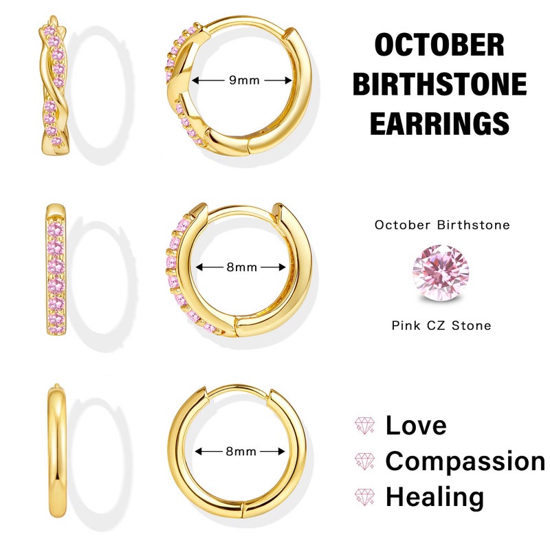Inerney Gold Pink Tourmaline Huggie Hoop Earrings Set for Women, Dainty 14K Small Earring Hypoallergenic Jewelry for Multiple Piercings, Trendy Twisted Cute Cartilage Hoops October Birthstone Gift - Image 3